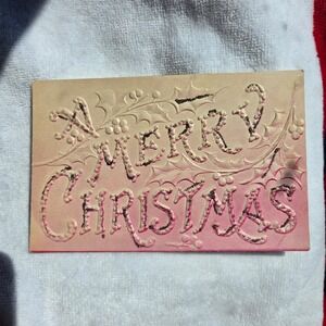 Vintage United Art Publishing Merry Christmas Postcard Pink Holly Embossed Blank